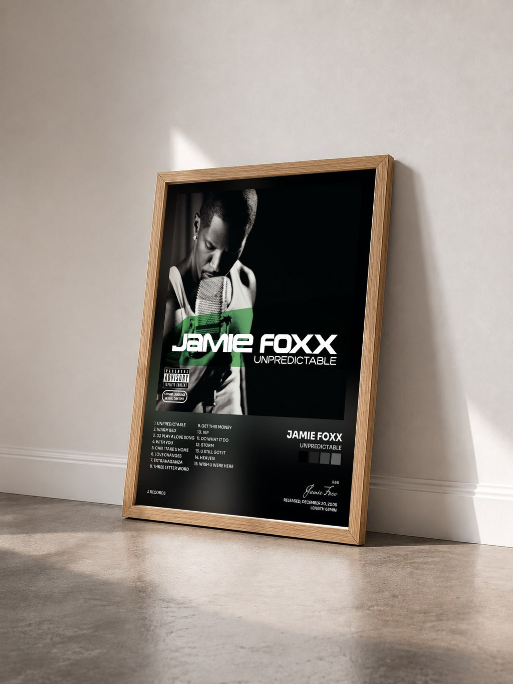 #bois Tableau de l'album Unpredictable de Jamie Foxx vu de trois quarts, cadre en bois brut
