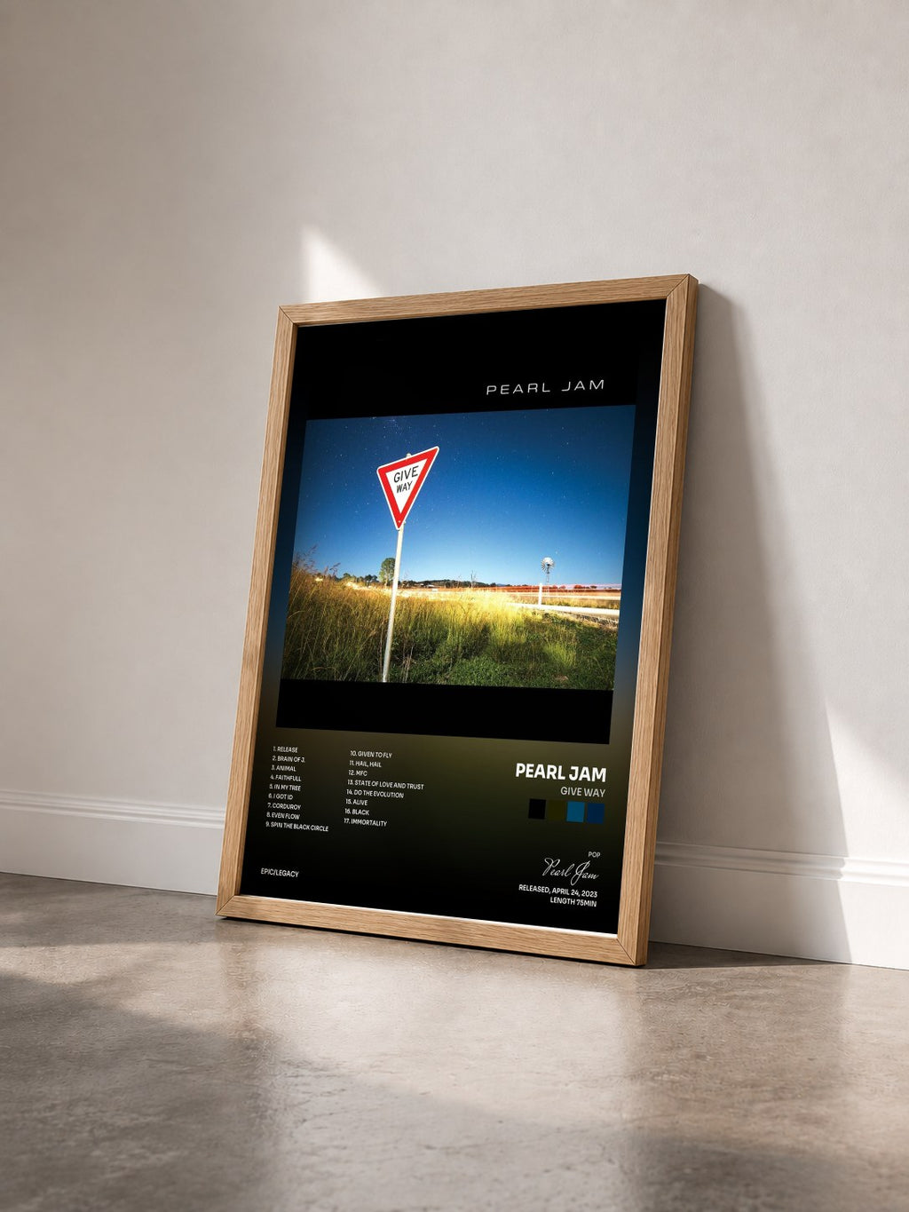 #bois Tableau de l'album Give Way de Pearl Jam vu de trois quarts, cadre en bois brut
