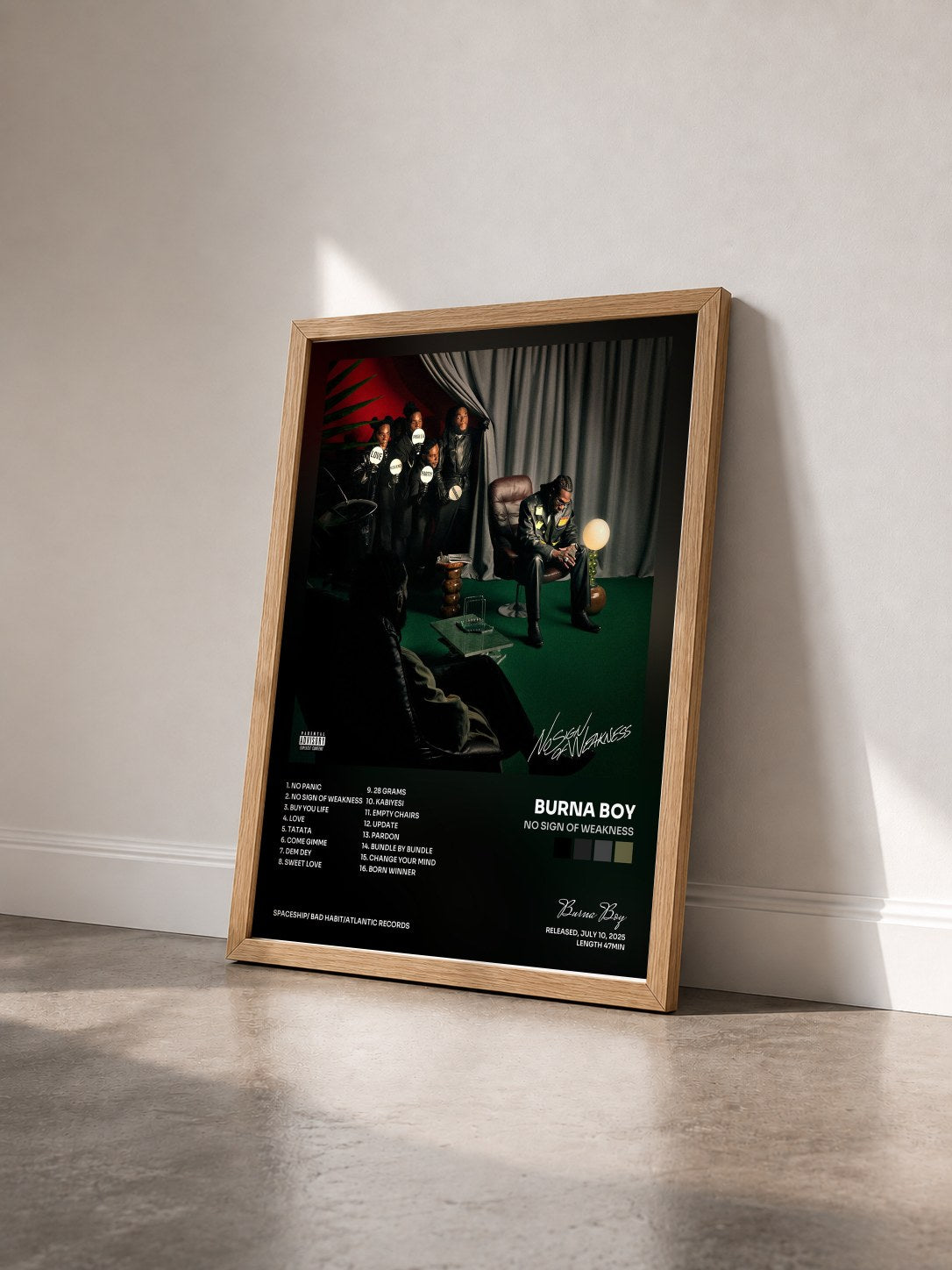#bois Tableau de l'album No Sign of Weakness de Burna Boy vu de trois quarts, cadre en bois brut