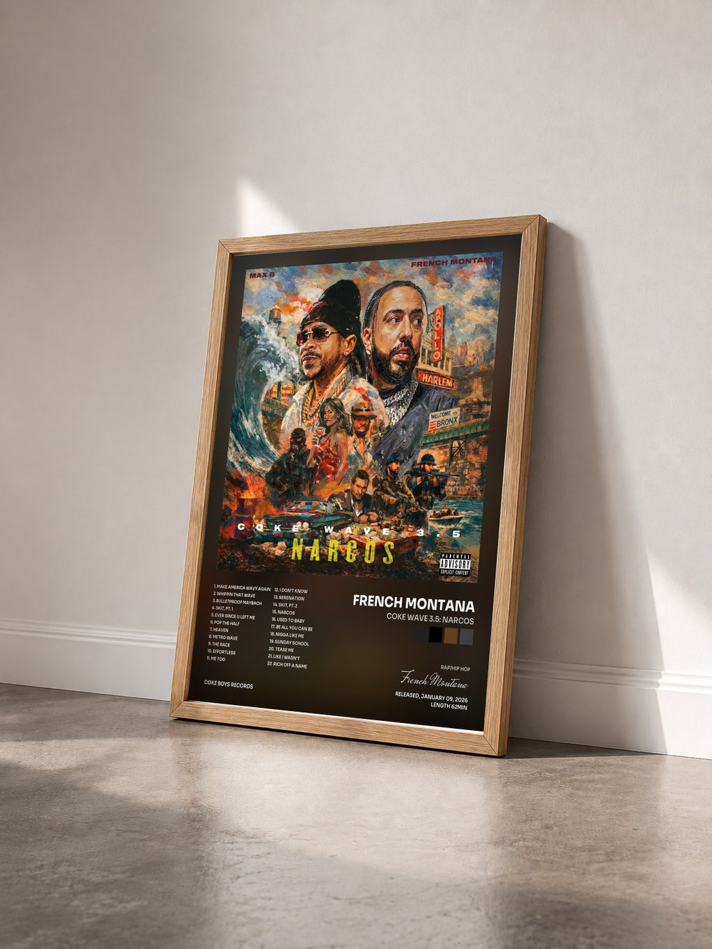 #bois Tableau de l'album Coke Wave 3.5: Narcos de French Montana vu de trois quarts, cadre en bois brut