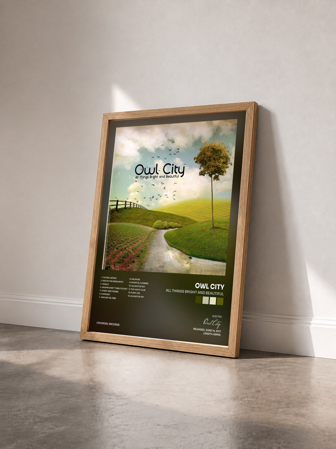 #bois Tableau de l'album All Things Bright And Beautiful de Owl City vu de trois quarts, cadre en bois brut