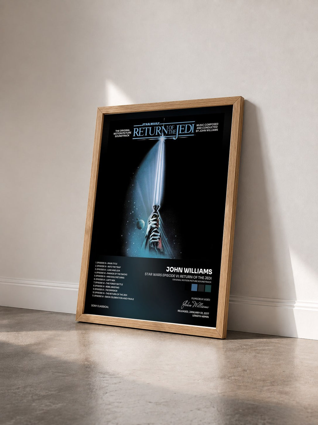 #bois Tableau de l'album Star Wars Episode VI: Return of the Jedi (Original Motion Picture Soundtrack) de John Williams vu de trois quarts, cadre en bois brut