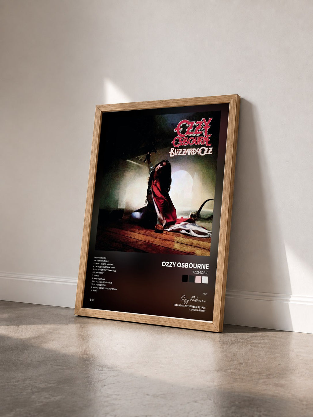 #bois Tableau de l'album Ozzmosis de Ozzy Osbourne vu de trois quarts, cadre en bois brut