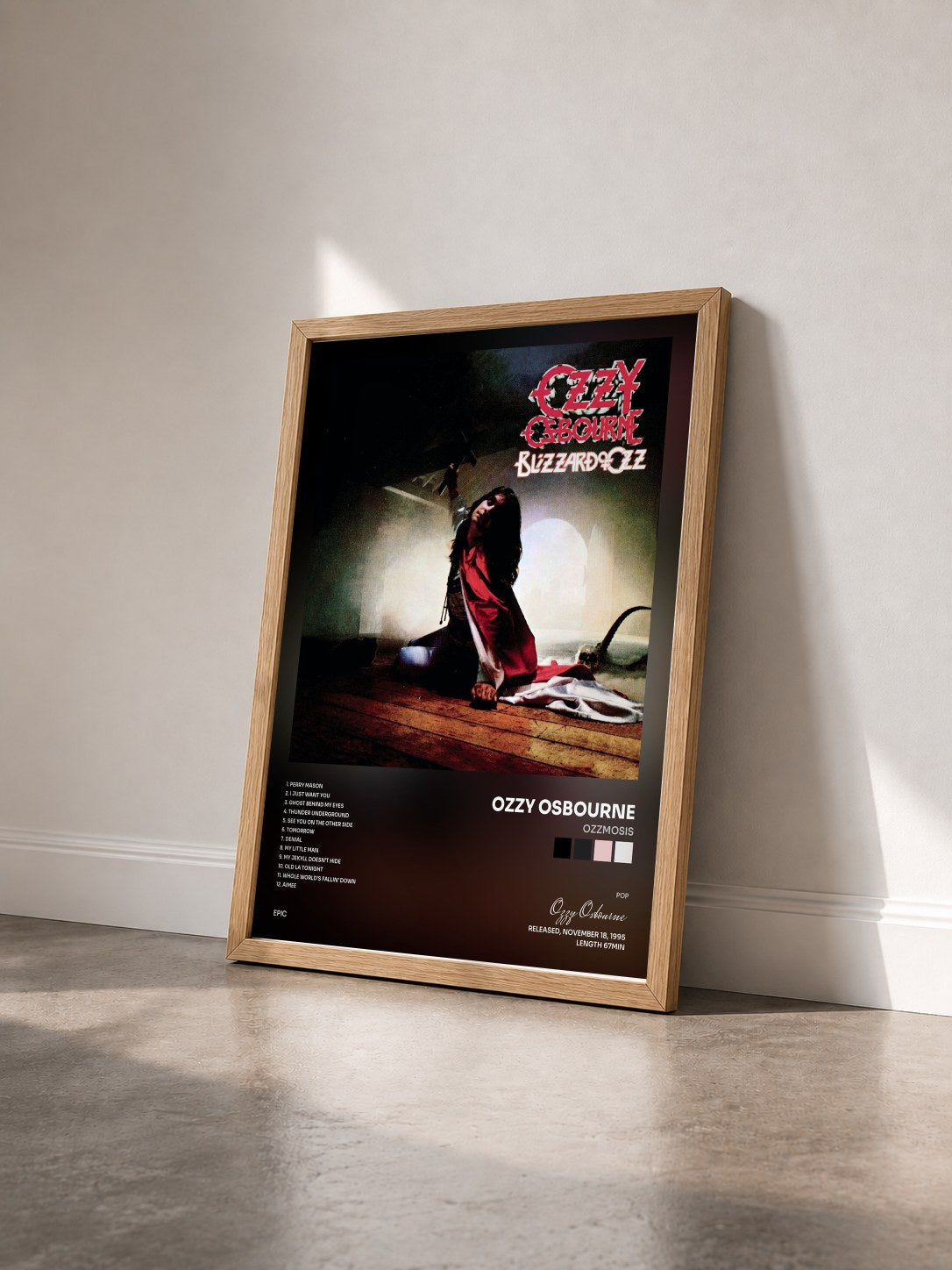 #bois Tableau de l'album Ozzmosis de Ozzy Osbourne vu de trois quarts, cadre en bois brut