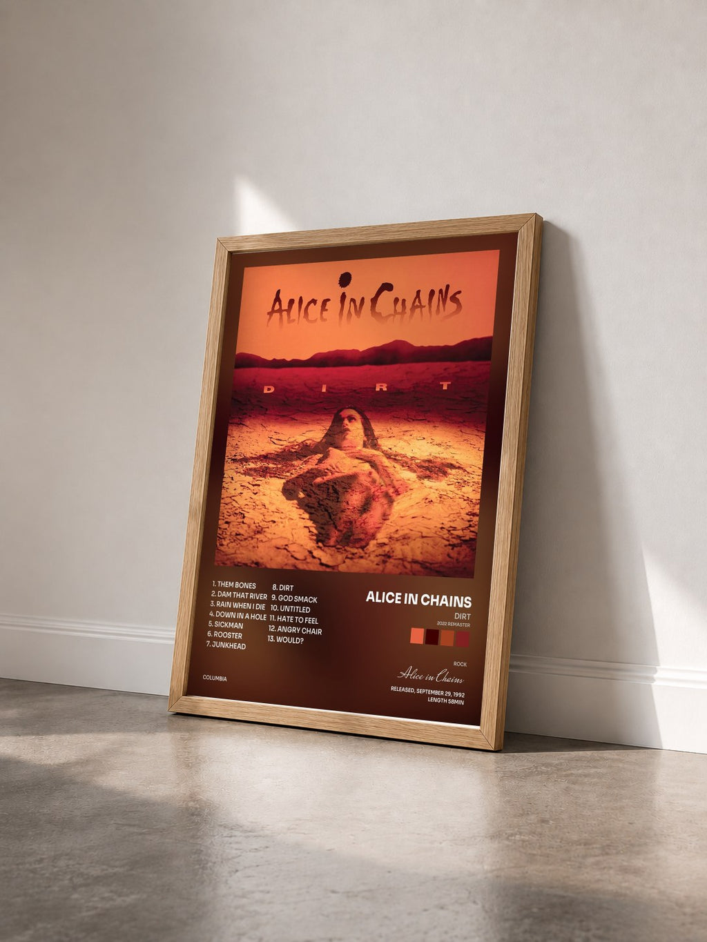 #bois Tableau de l'album Dirt (2022 Remaster) de Alice in Chains vu de trois quarts, cadre en bois brut