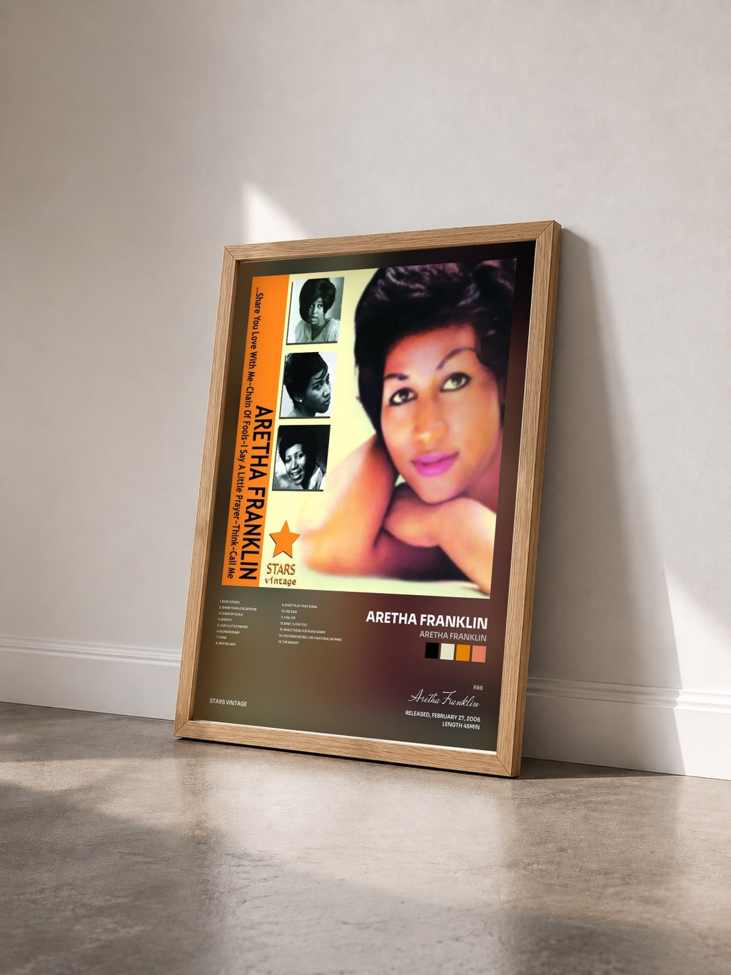 #bois Tableau de l'album Aretha Franklin de Aretha Franklin vu de trois quarts, cadre en bois brut