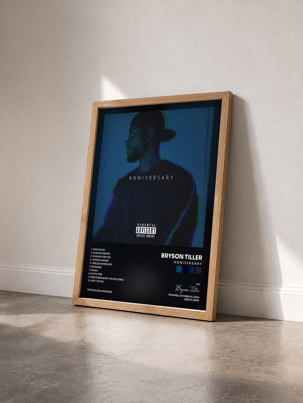 #bois Tableau de l'album A N N I V E R S A R Y de Bryson Tiller vu de trois quarts, cadre en bois brut