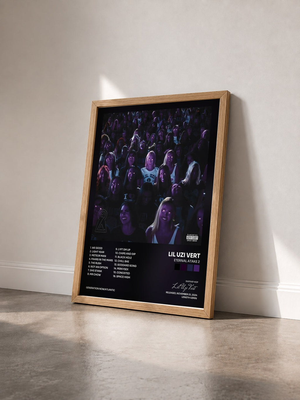 #bois Tableau de l'album Eternal Atake 2 de Lil Uzi Vert vu de trois quarts, cadre en bois brut