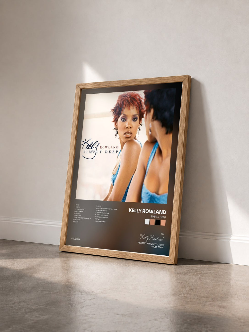 #bois Tableau de l'album Simply Deep de Kelly Rowland vu de trois quarts, cadre en bois brut