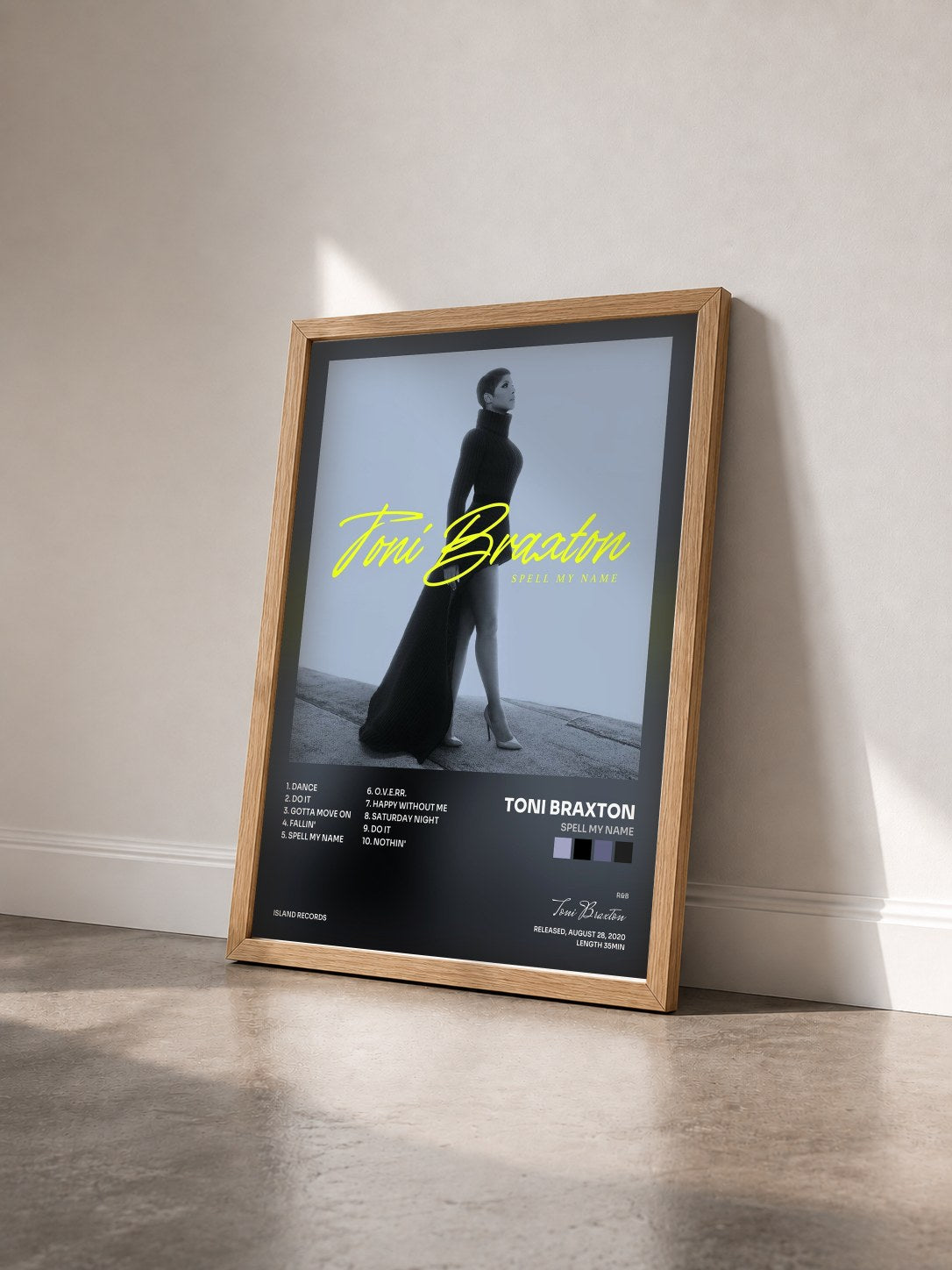 #bois Tableau de l'album Spell My Name de Toni Braxton vu de trois quarts, cadre en bois brut