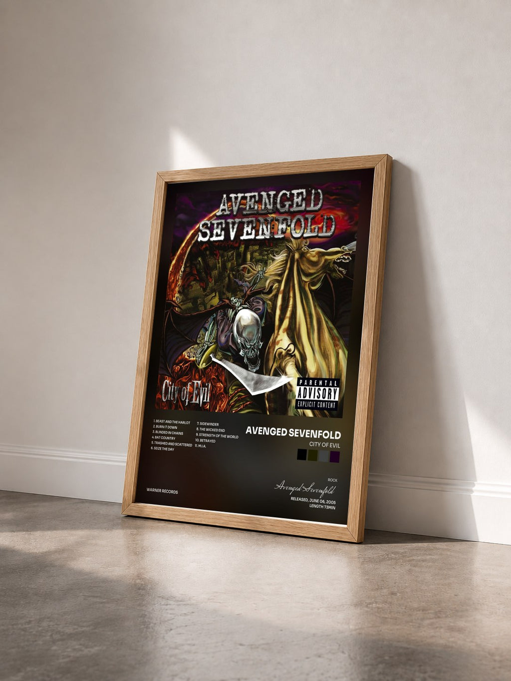 #bois Tableau de l'album City of Evil de Avenged Sevenfold vu de trois quarts, cadre en bois brut