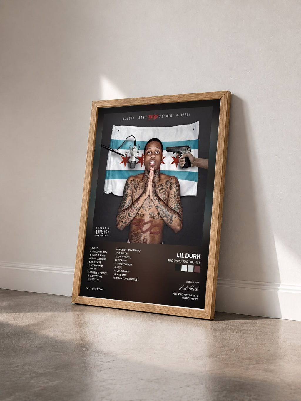 #bois Tableau de l'album 300 Days 300 Nights de Lil Durk vu de trois quarts, cadre en bois brut