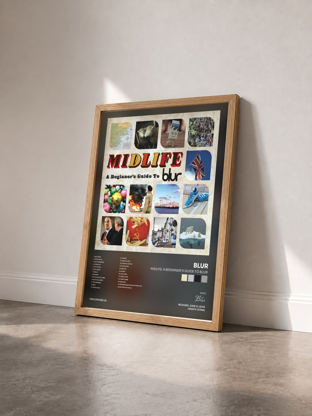 #bois Tableau de l'album Midlife: A Beginner's Guide to Blur de Blur vu de trois quarts, cadre en bois brut
