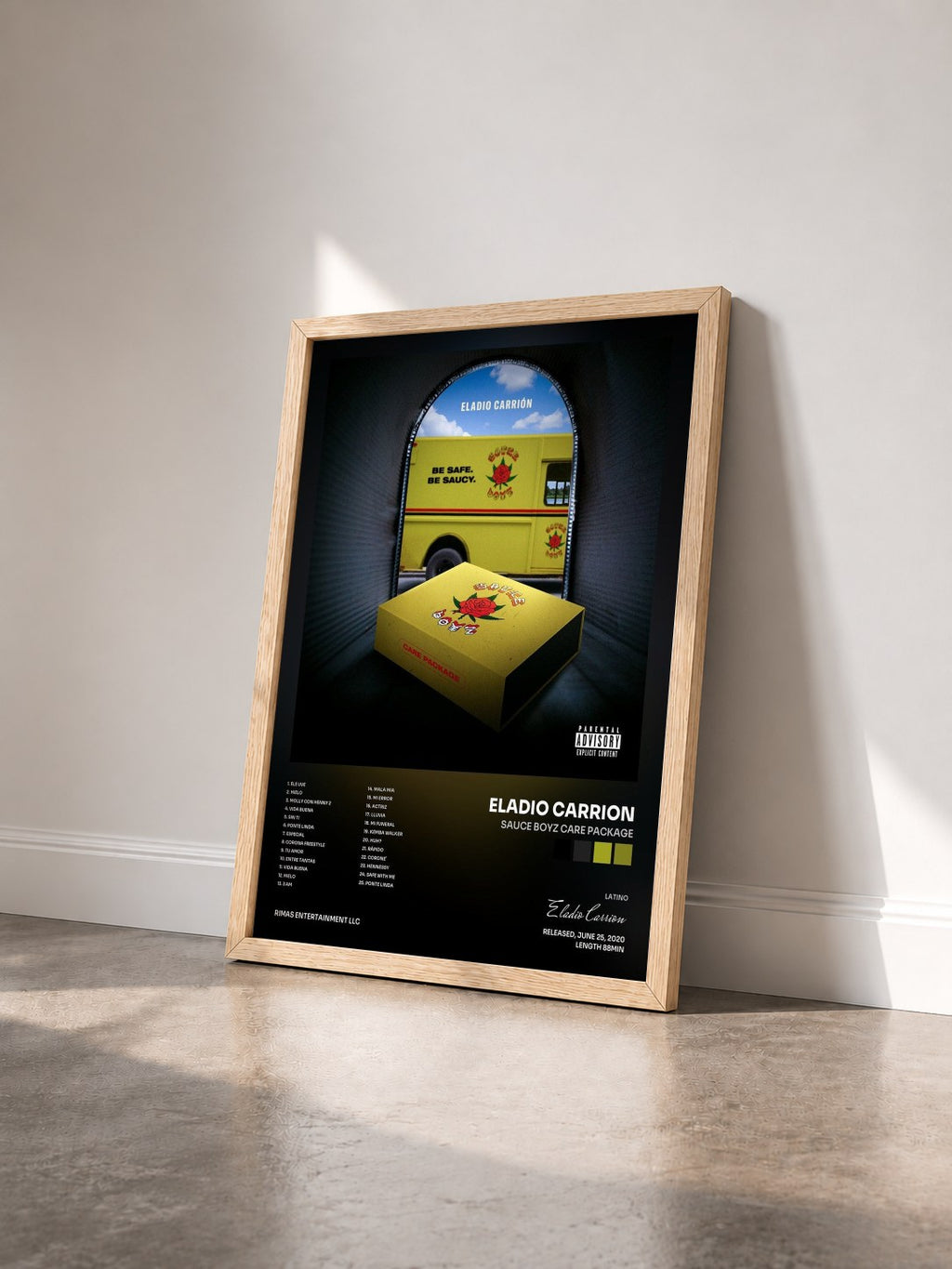 #bois Tableau de l'album Sauce Boyz Care Package de Eladio Carrion vu de trois quarts, cadre en bois brut