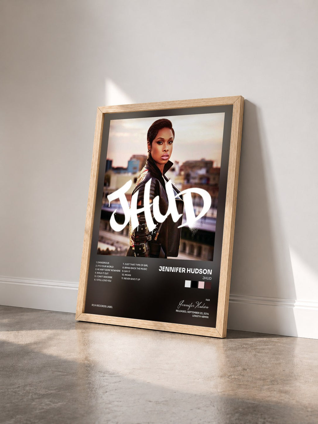 #bois Tableau de l'album JHUD de Jennifer Hudson vu de trois quarts, cadre en bois brut