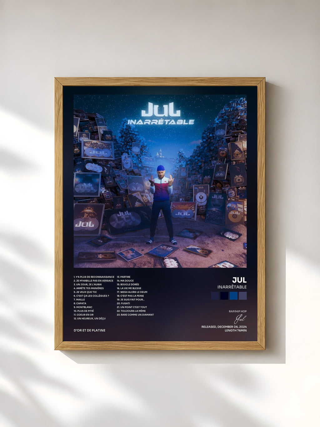 #bois Tableau de l'album Inarrêtable de Jul, cadre en bois brut, imprimé et encadré en France