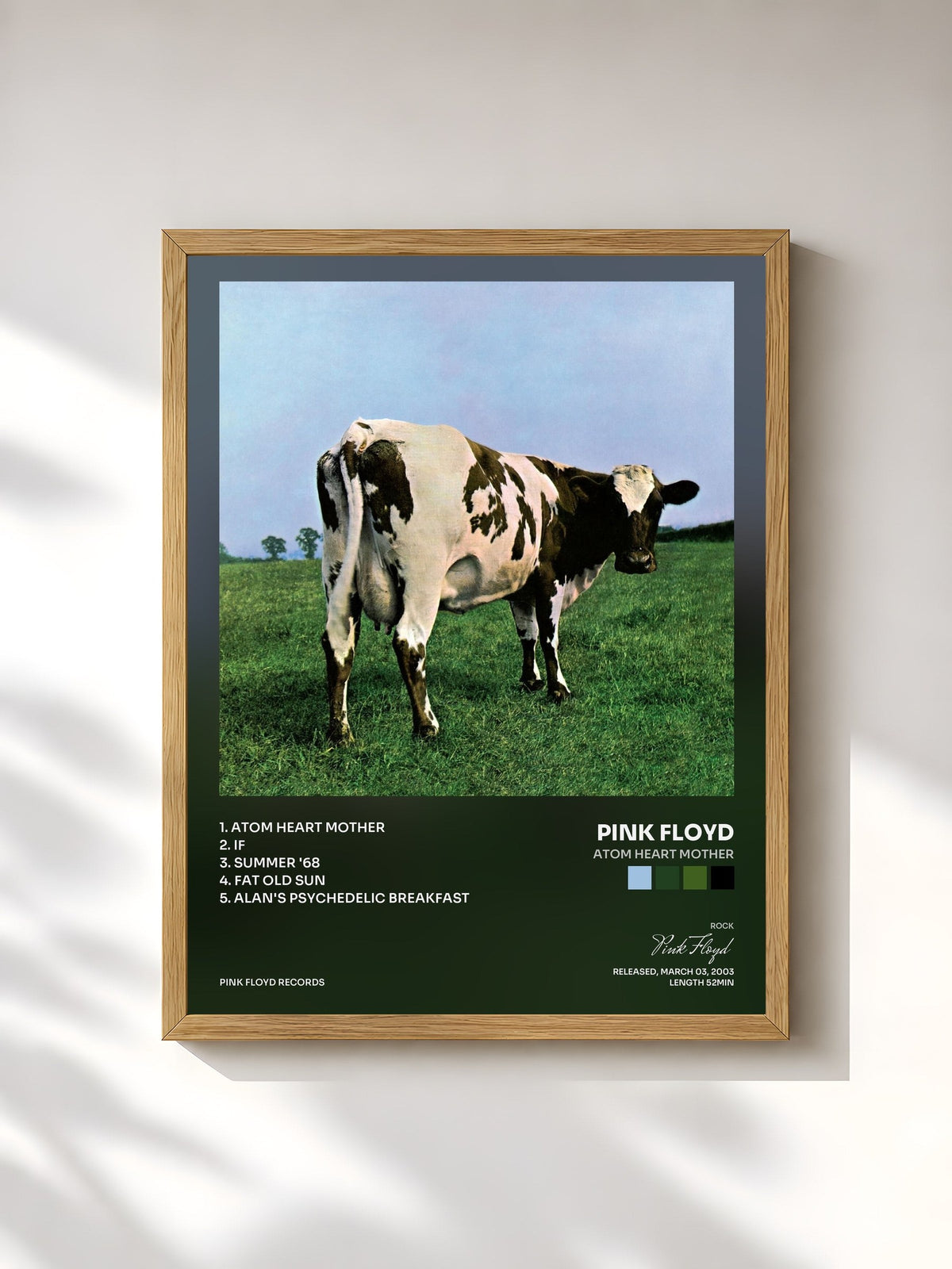 #bois Tableau de l'album Atom Heart Mother de Pink Floyd, cadre en bois brut, imprimé et encadré en France