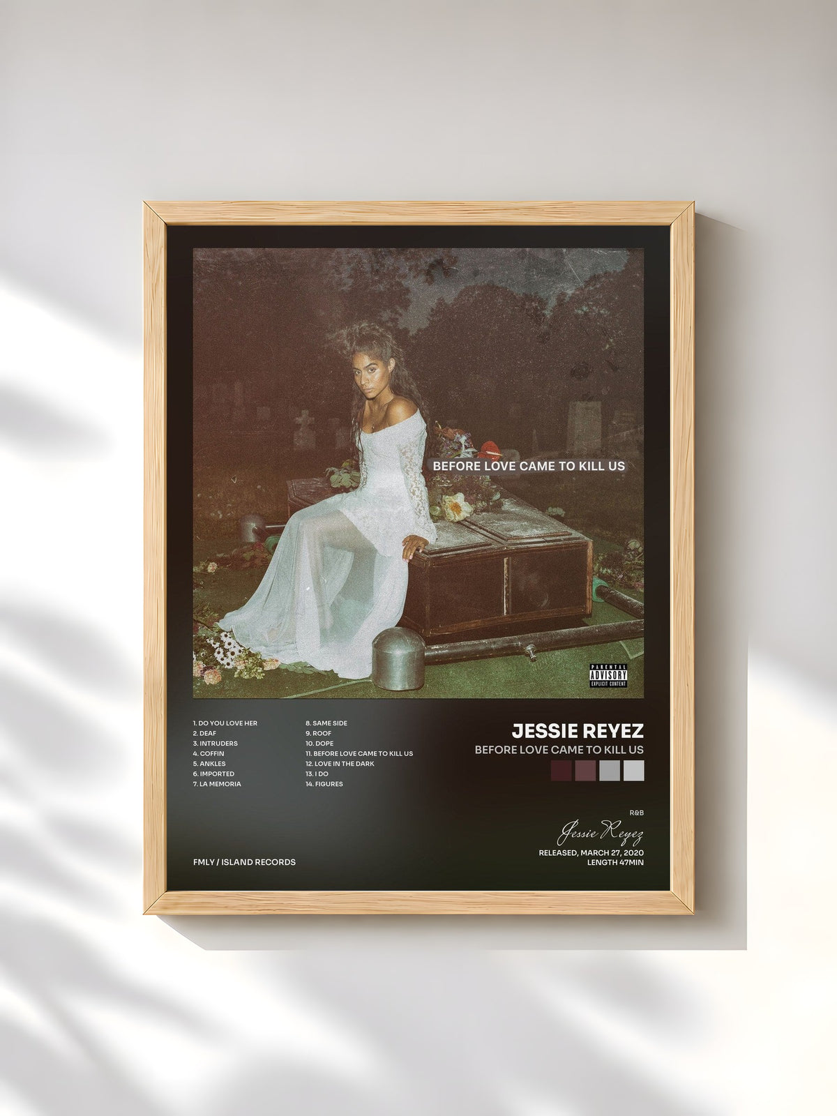 #bois Tableau de l'album BEFORE LOVE CAME TO KILL US de Jessie Reyez, cadre en bois brut, imprimé et encadré en France
