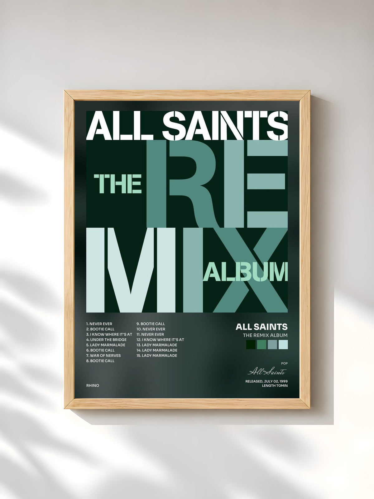 #bois Tableau de l'album The Remix Album de All Saints, cadre en bois brut, imprimé et encadré en France