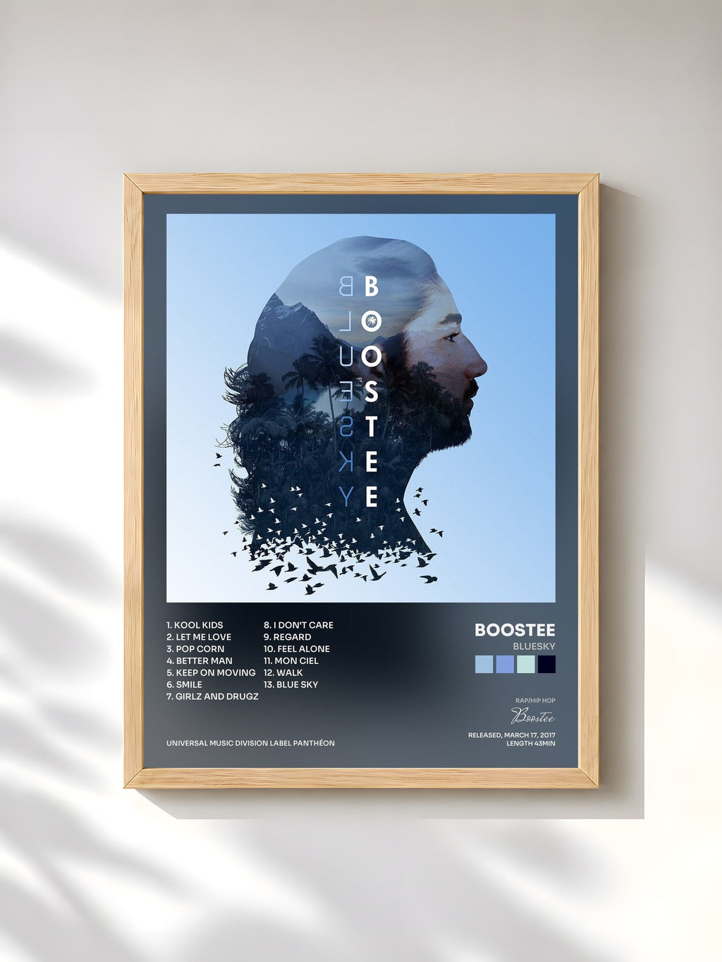 #bois Tableau de l'album Bluesky de Boostee, cadre en bois brut, imprimé et encadré en France