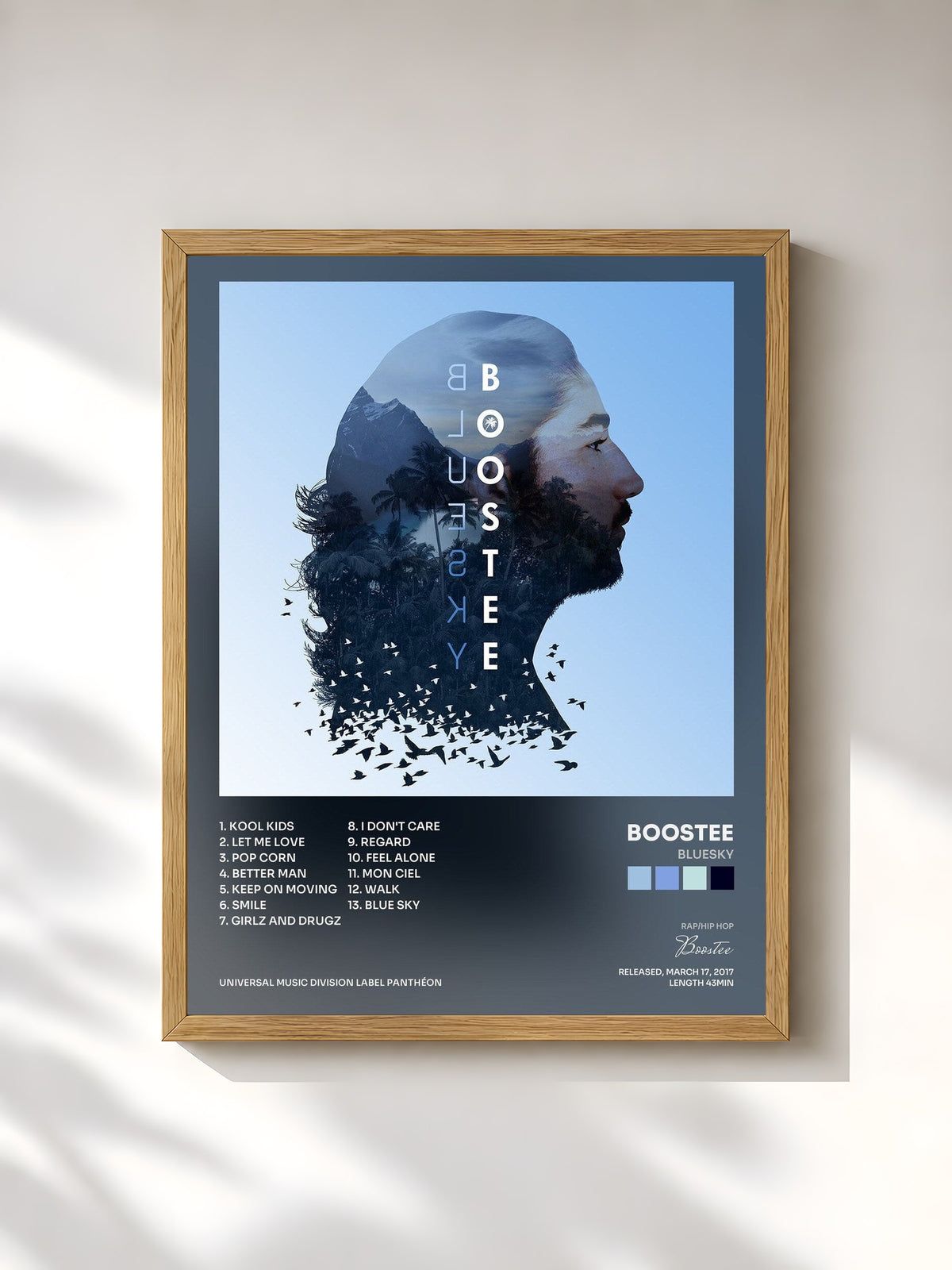 #bois Tableau de l'album Bluesky de Boostee, cadre en bois brut, imprimé et encadré en France