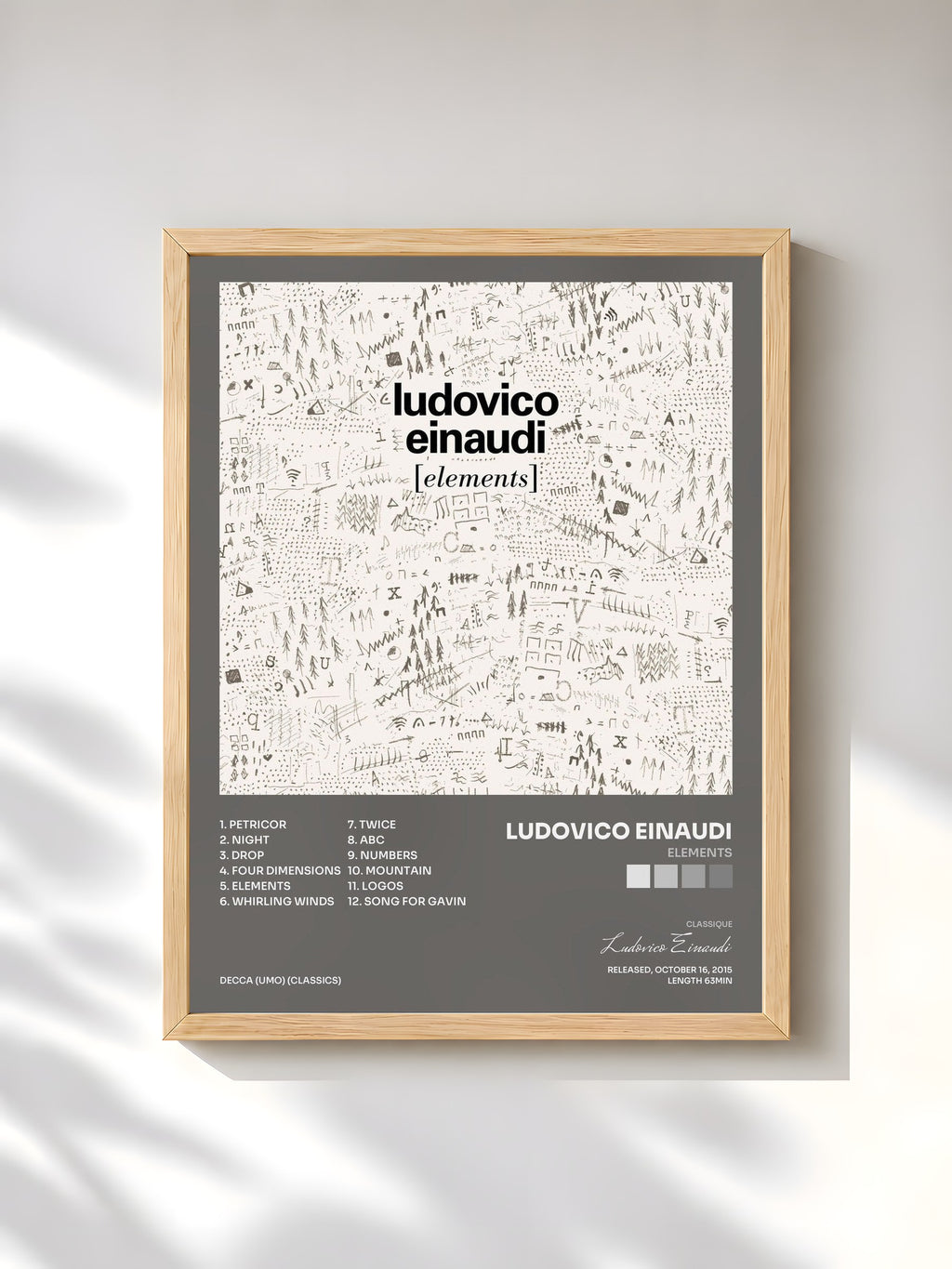 #bois Tableau de l'album Elements de Ludovico Einaudi, cadre en bois brut, imprimé et encadré en France