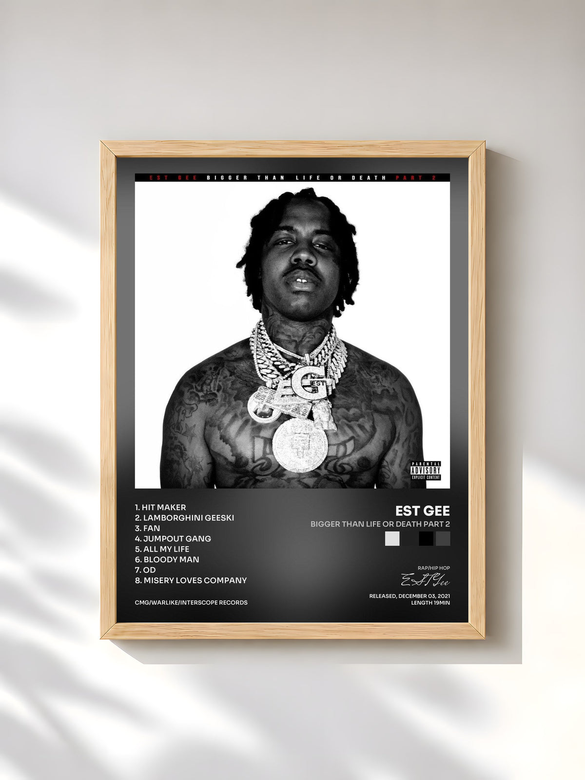 #bois Tableau de l'album Bigger Than Life Or Death Part 2 de EST Gee, cadre en bois brut, imprimé et encadré en France