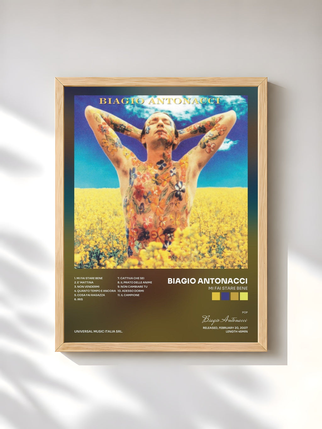 #bois Tableau de l'album Mi Fai Stare Bene de Biagio Antonacci, cadre en bois brut, imprimé et encadré en France