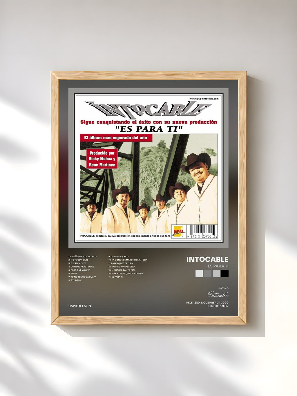 #bois Tableau de l'album Es Para Ti de Intocable, cadre en bois brut, imprimé et encadré en France