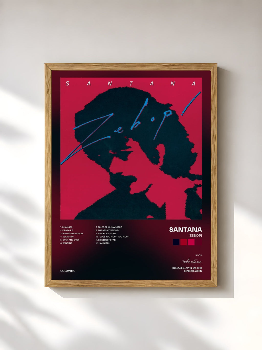 #bois Tableau de l'album Zebop! de Santana, cadre en bois brut, imprimé et encadré en France