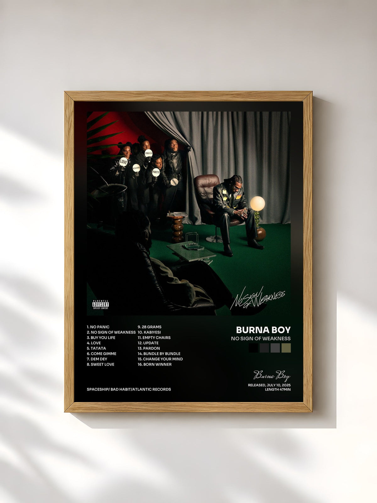 #bois Tableau de l'album No Sign of Weakness de Burna Boy, cadre en bois brut, imprimé et encadré en France