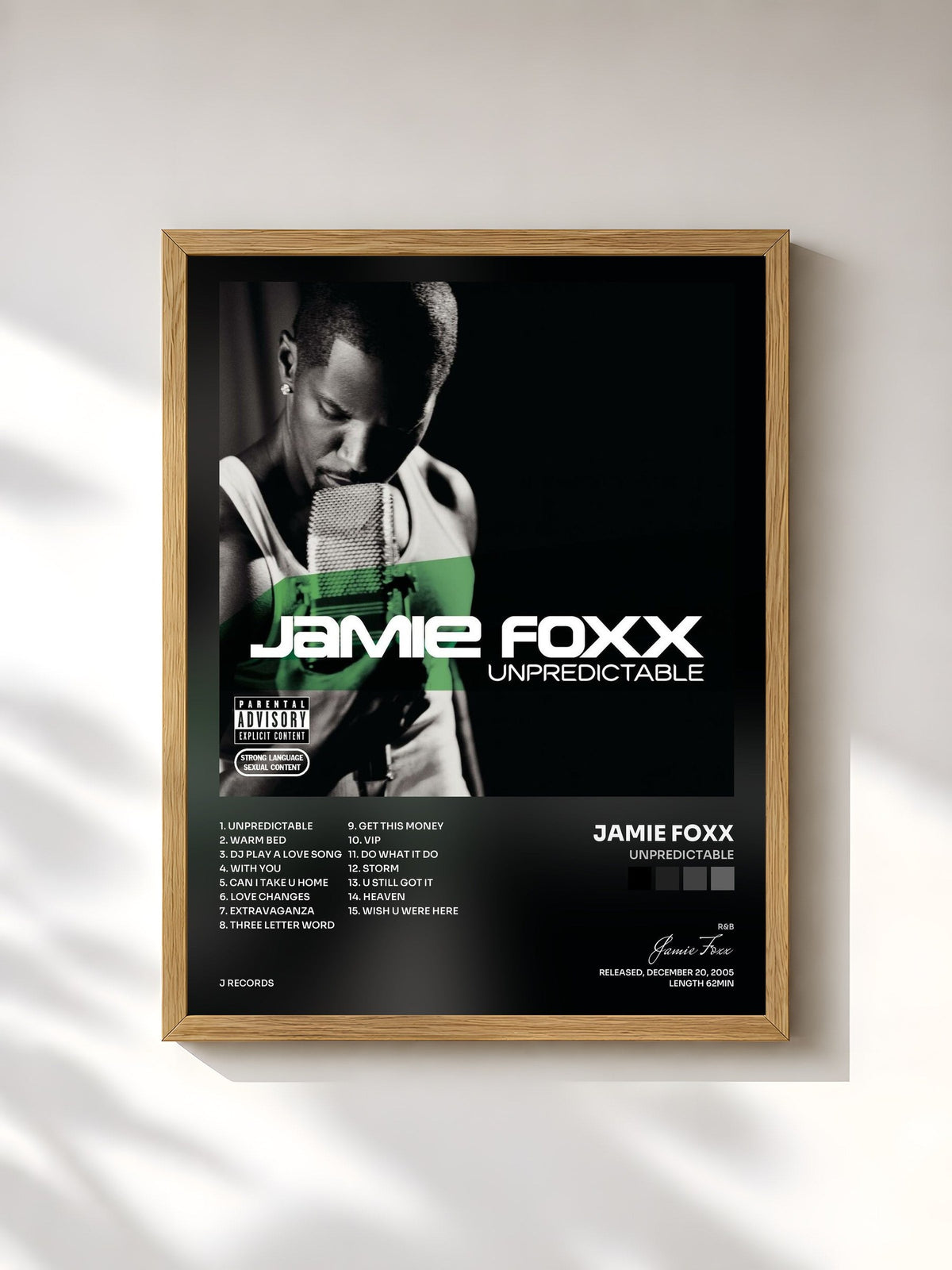 #bois Tableau de l'album Unpredictable de Jamie Foxx, cadre en bois brut, imprimé et encadré en France