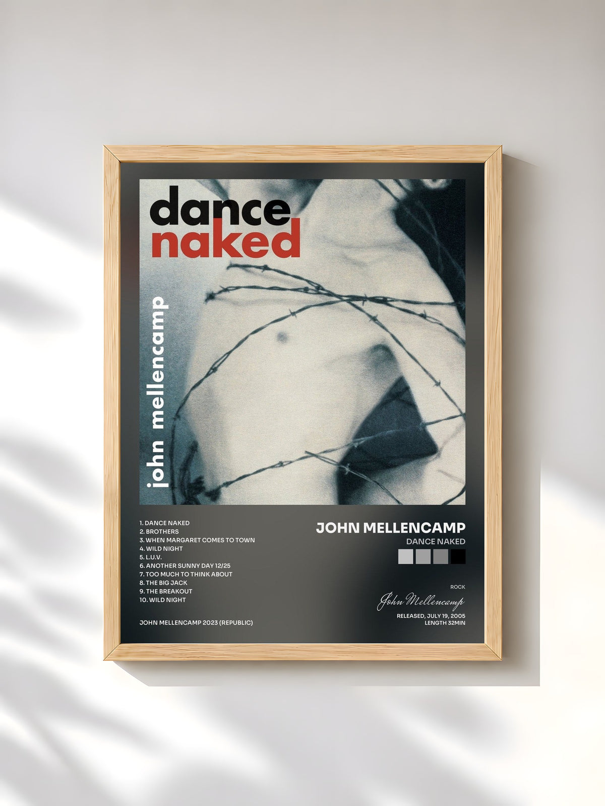 #bois Tableau de l'album Dance Naked de John Mellencamp, cadre en bois brut, imprimé et encadré en France