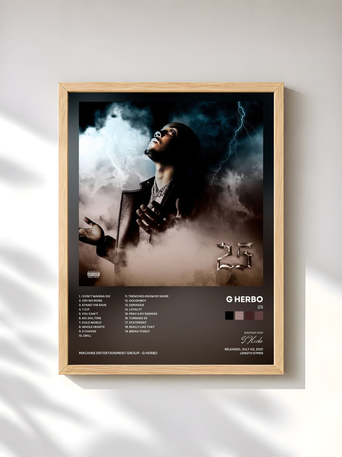 #bois Tableau de l'album 25 de G Herbo, cadre en bois brut, imprimé et encadré en France