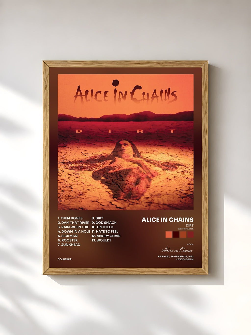 #bois Tableau de l'album Dirt (2022 Remaster) de Alice in Chains, cadre en bois brut, imprimé et encadré en France