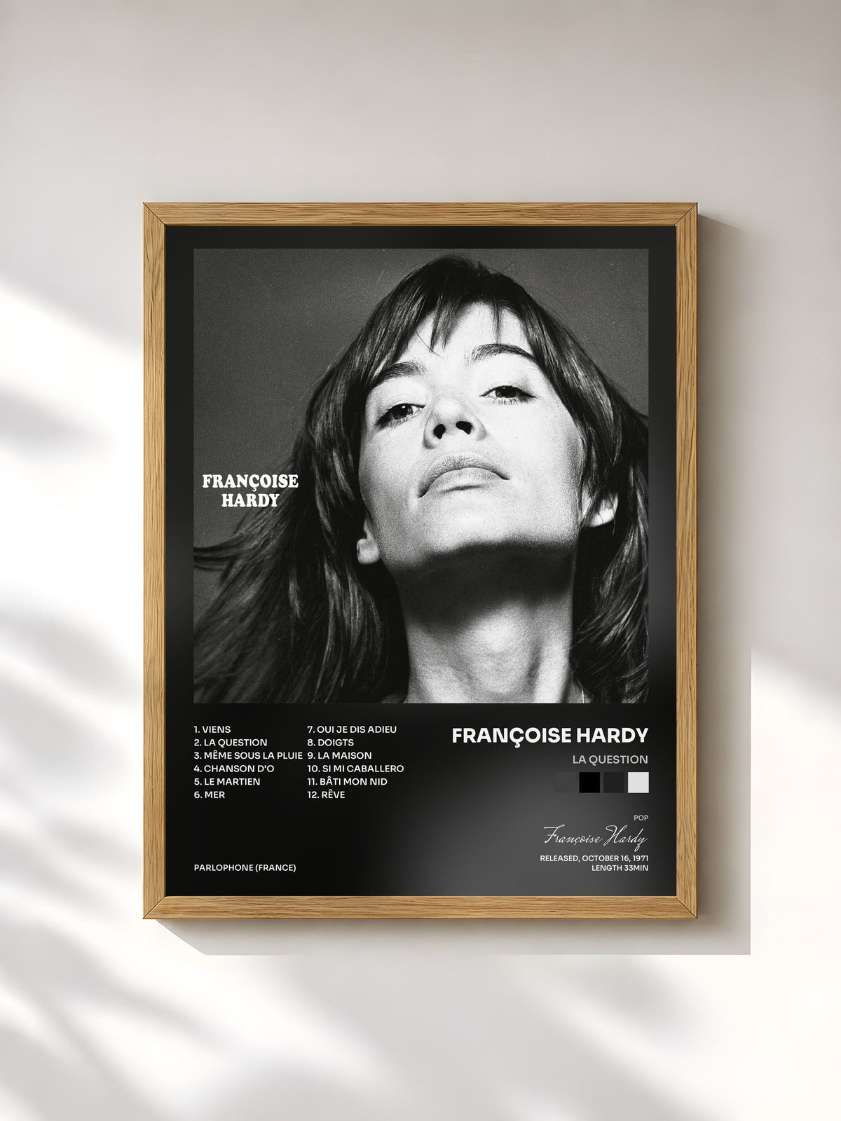 #bois Tableau de l'album La question de Françoise Hardy, cadre en bois brut, imprimé et encadré en France