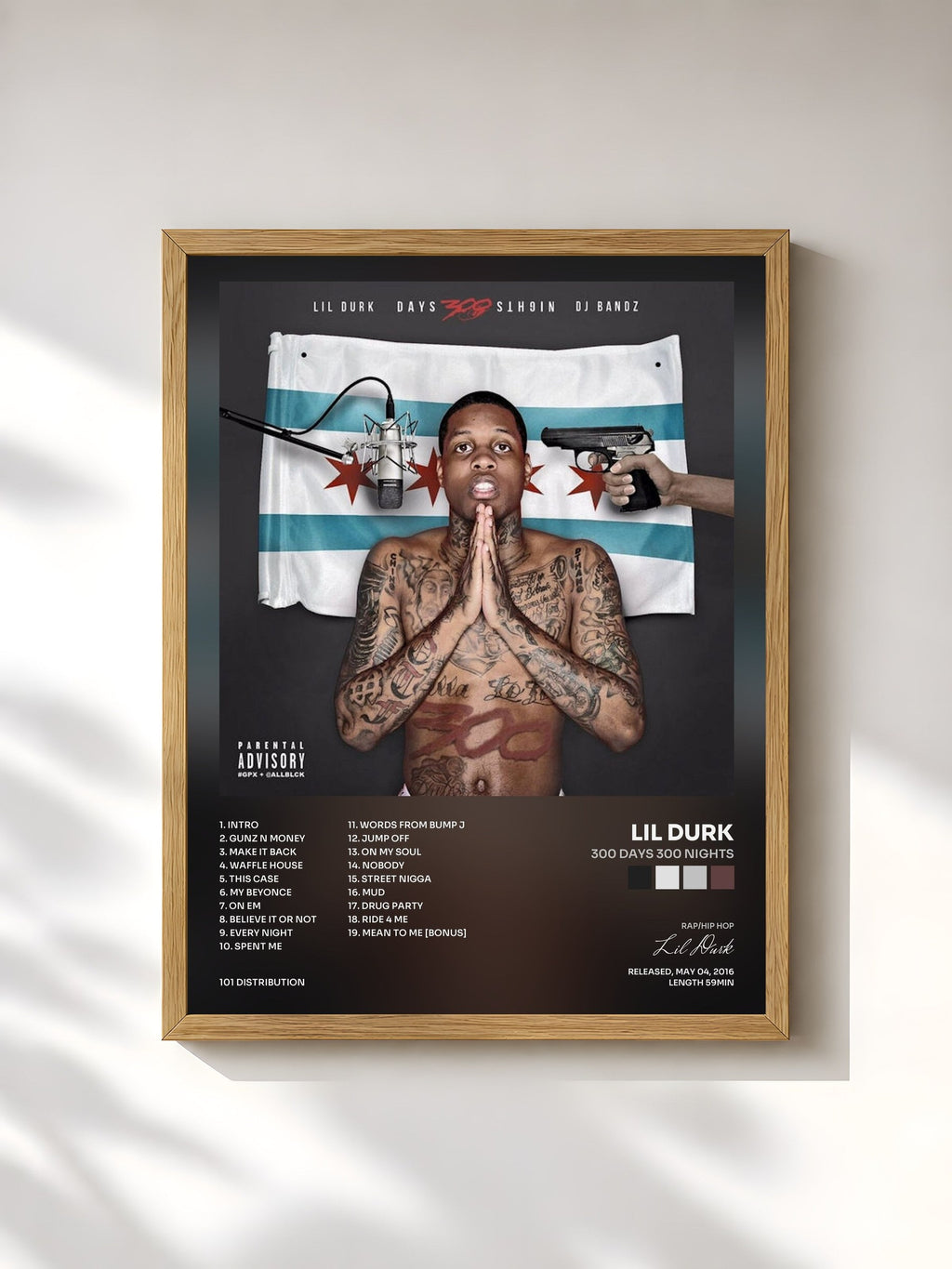 #bois Tableau de l'album 300 Days 300 Nights de Lil Durk, cadre en bois brut, imprimé et encadré en France