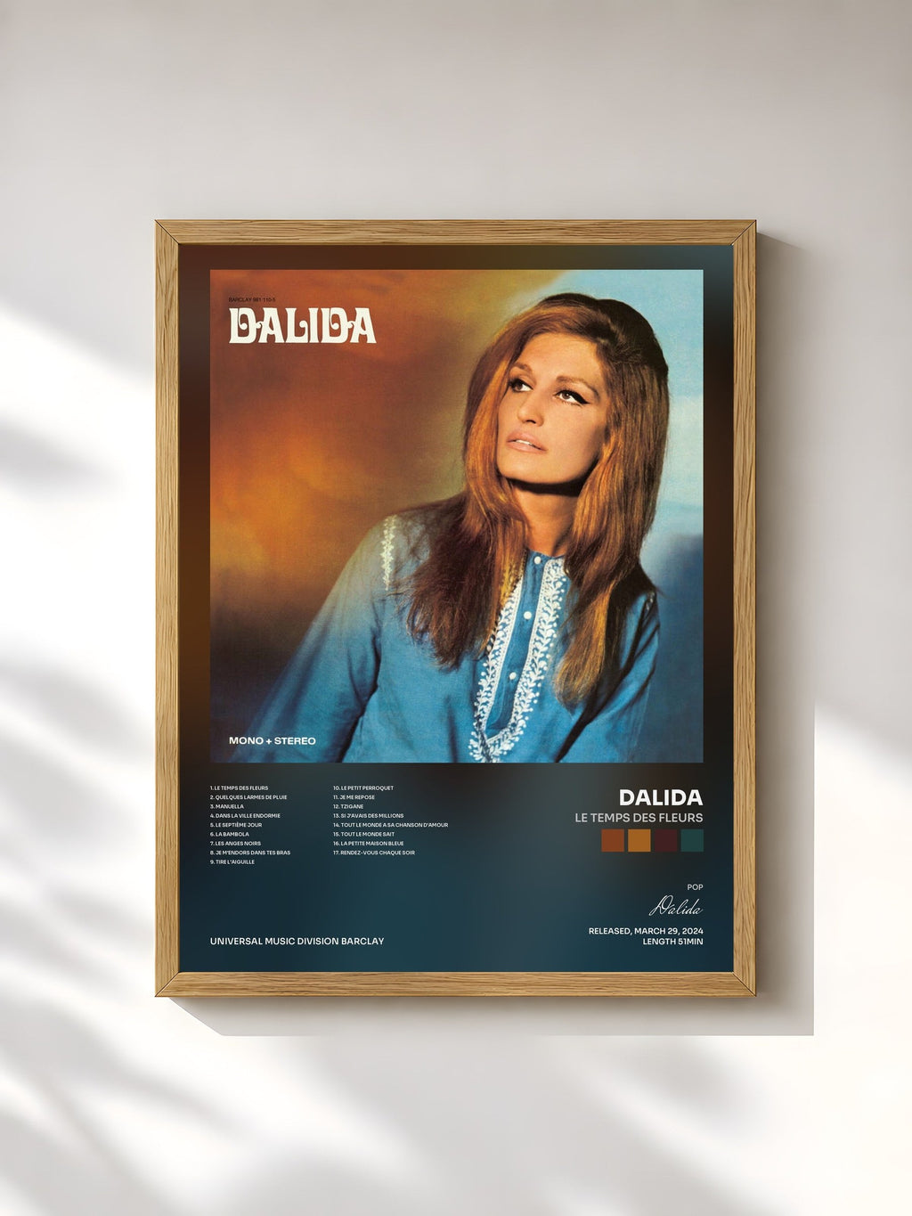 #bois Tableau de l'album Le temps des fleurs de Dalida, cadre en bois brut, imprimé et encadré en France