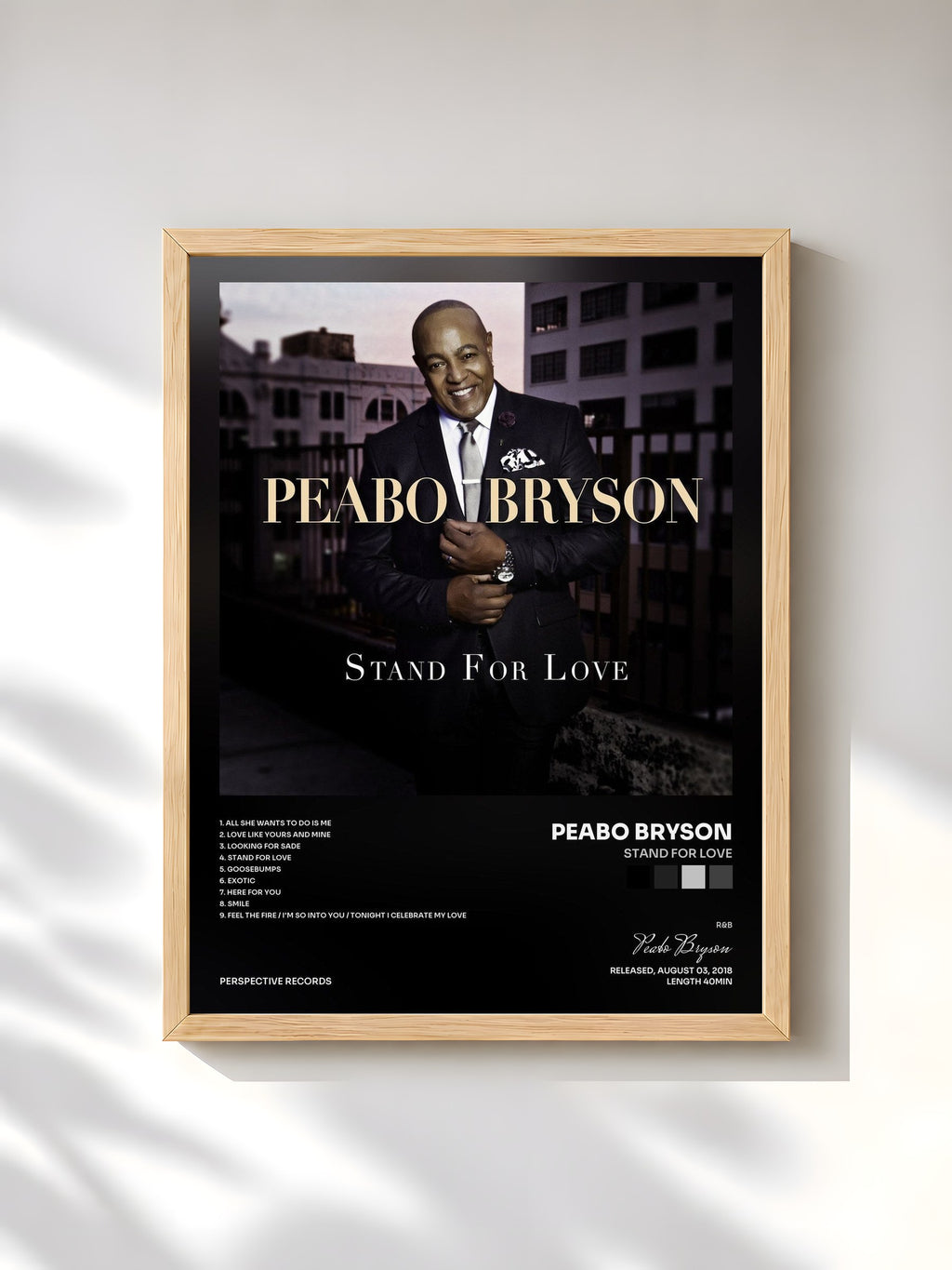 #bois Tableau de l'album Stand For Love de Peabo Bryson, cadre en bois brut, imprimé et encadré en France