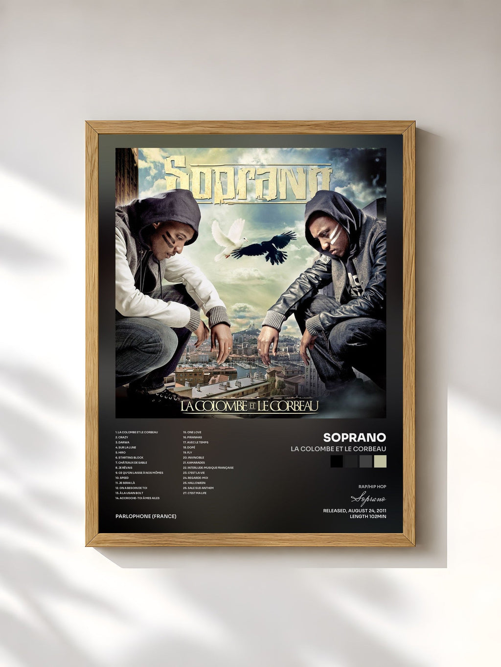 #bois Tableau de l'album La colombe et le corbeau de Soprano, cadre en bois brut, imprimé et encadré en France