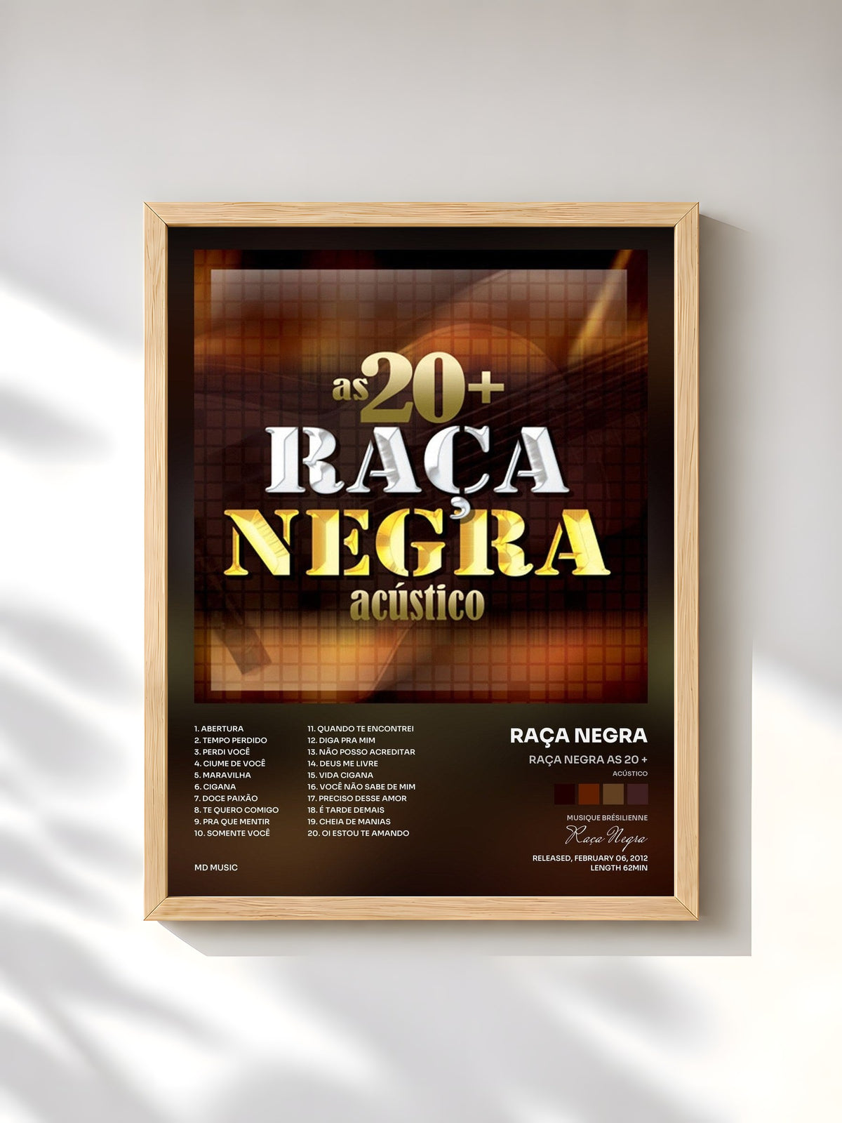 #bois Tableau de l'album Raça Negra as 20 + (Acústico) de Raça Negra, cadre en bois brut, imprimé et encadré en France