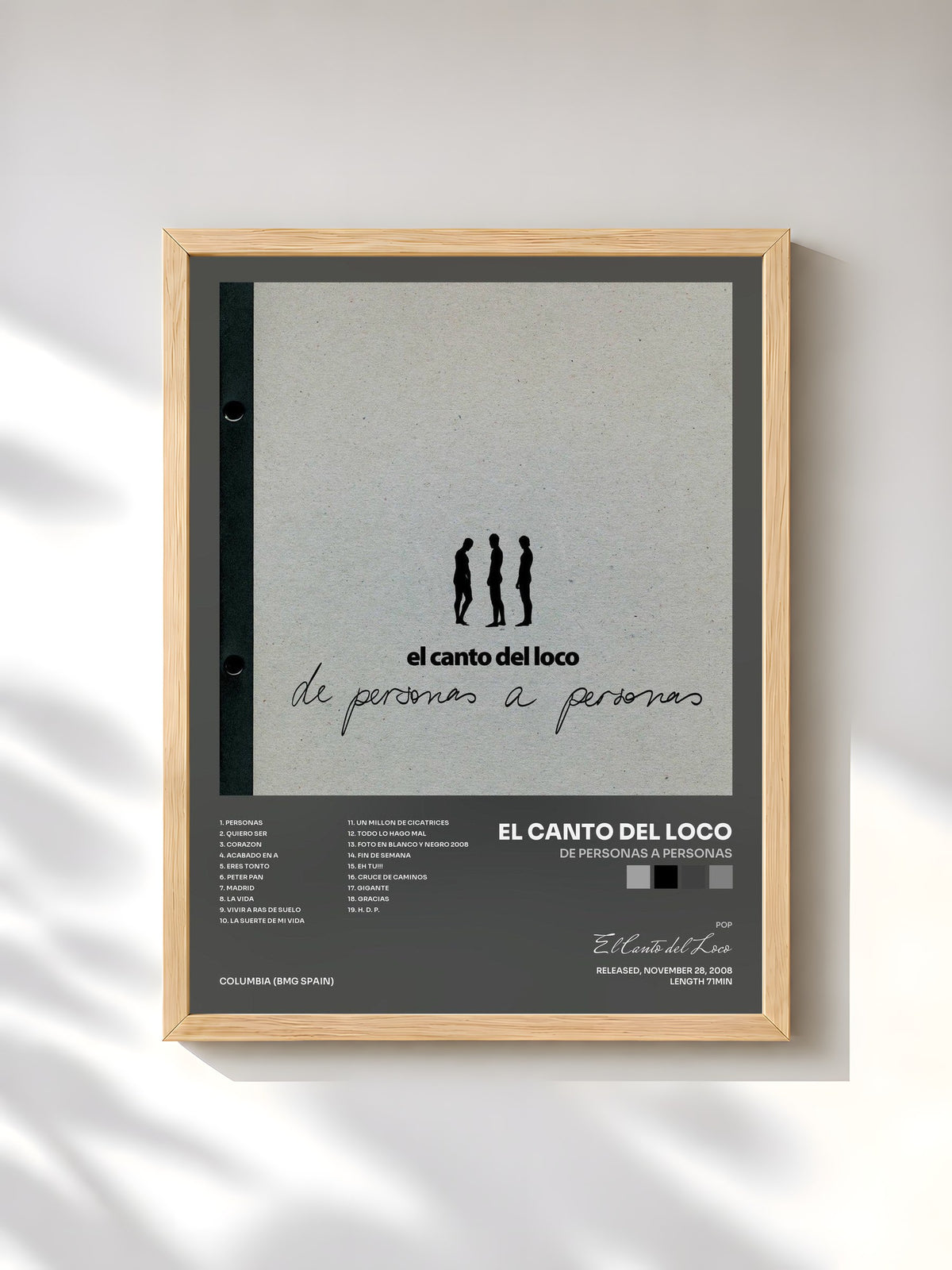 #bois Tableau de l'album De Personas a Personas de El Canto del Loco, cadre en bois brut, imprimé et encadré en France