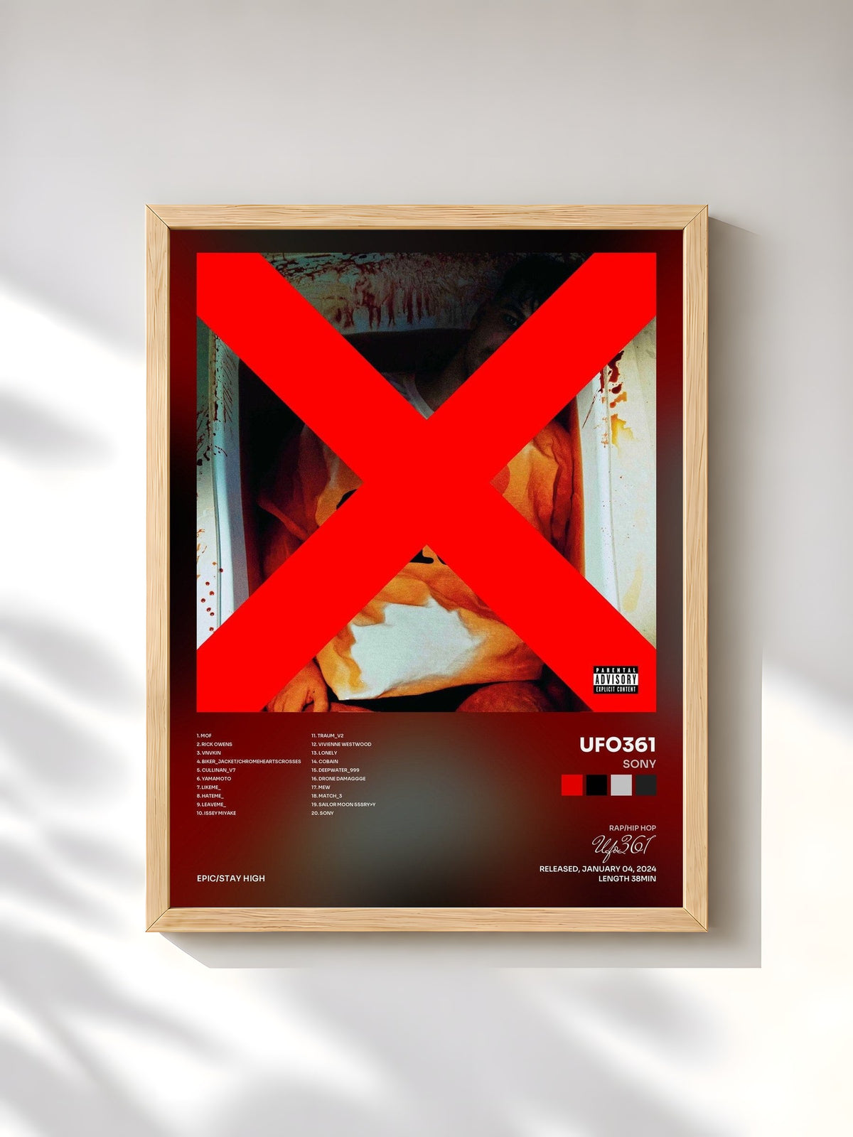 #bois Tableau de l'album SONY de Ufo361, cadre en bois brut, imprimé et encadré en France