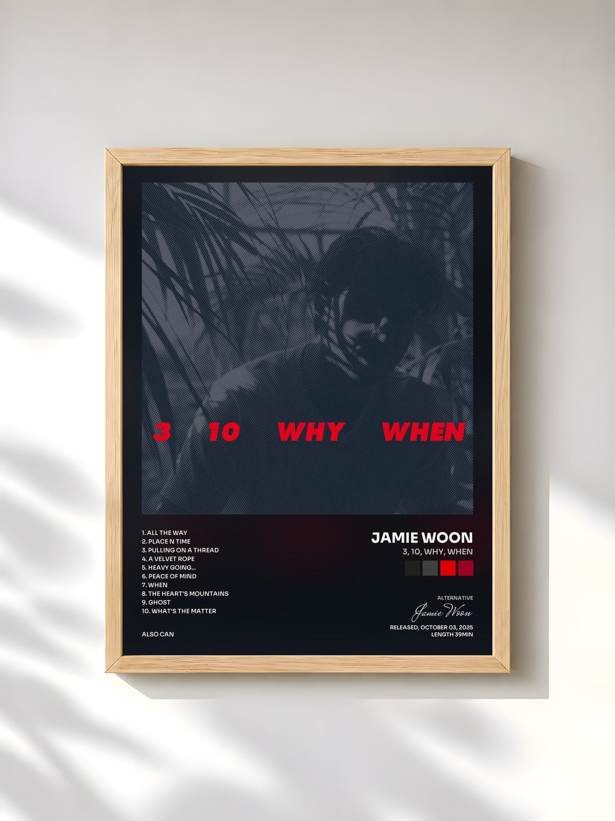 #bois Tableau de l'album 3, 10, Why, When de Jamie Woon, cadre en bois brut, imprimé et encadré en France