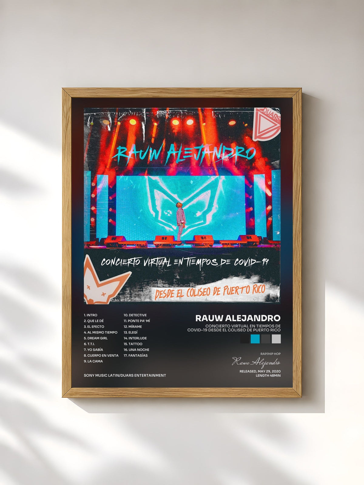 #bois Tableau de l'album Concierto Virtual en Tiempos de COVID-19 Desde el Coliseo de Puerto Rico de Rauw Alejandro, cadre en bois brut, imprimé et encadré en France