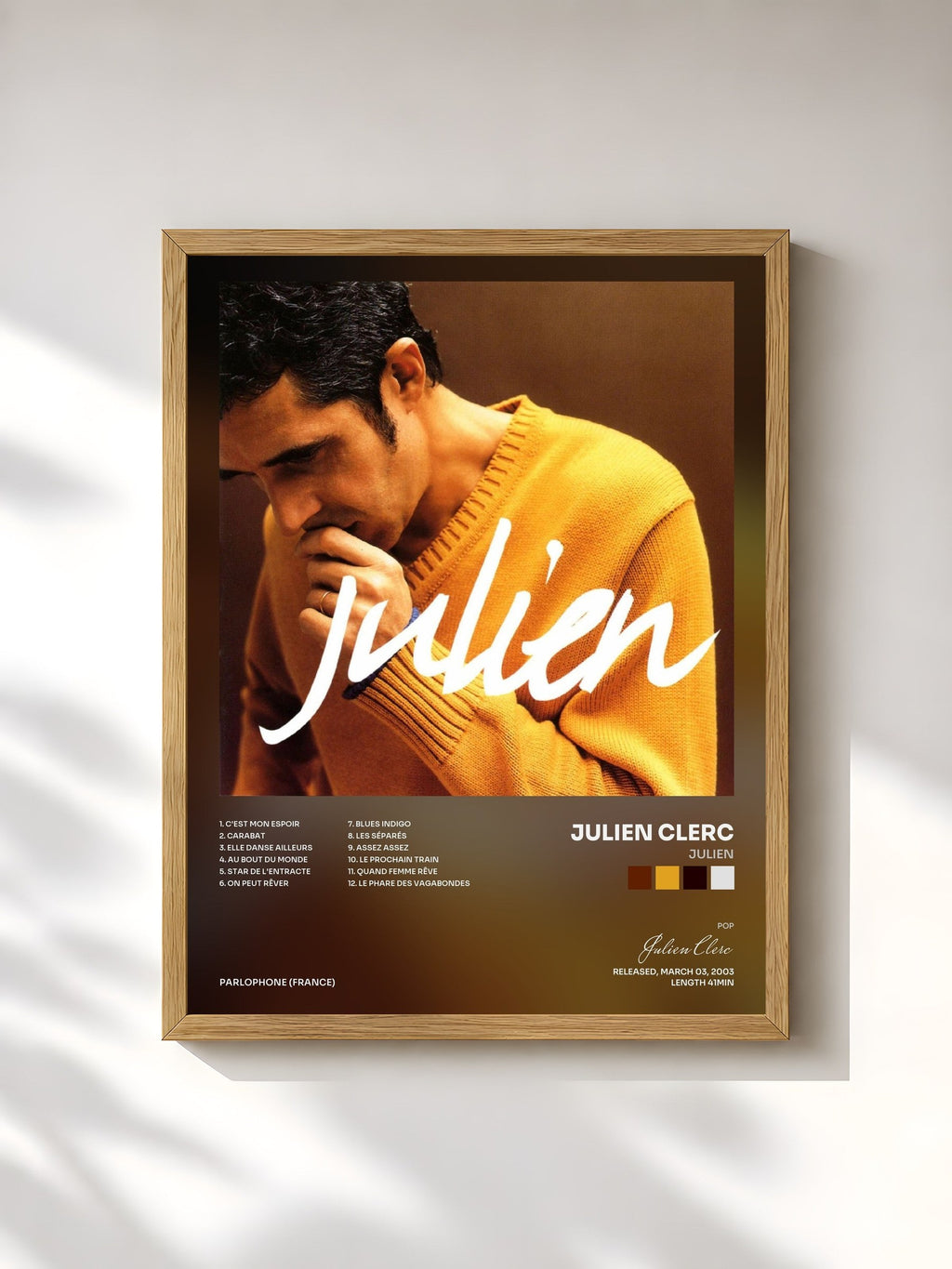 #bois Tableau de l'album Julien de Julien Clerc, cadre en bois brut, imprimé et encadré en France