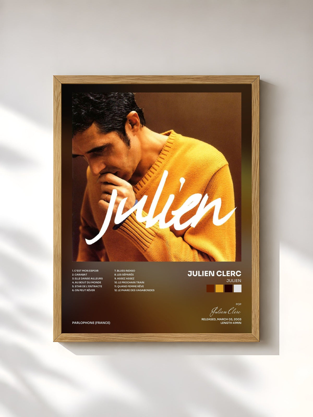 #bois Tableau de l'album Julien de Julien Clerc, cadre en bois brut, imprimé et encadré en France