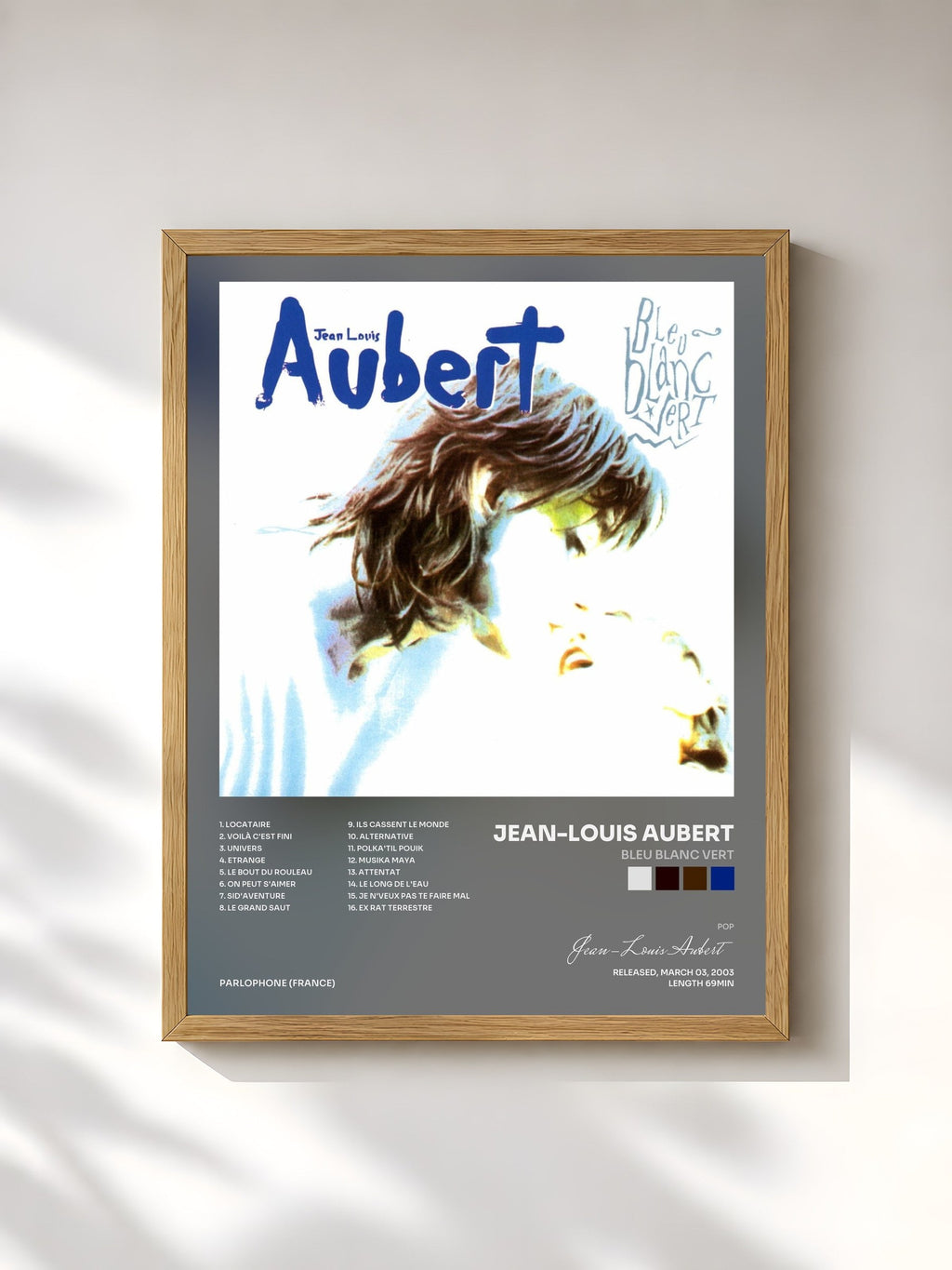 #bois Tableau de l'album bleu blanc vert de Jean-Louis Aubert, cadre en bois brut, imprimé et encadré en France