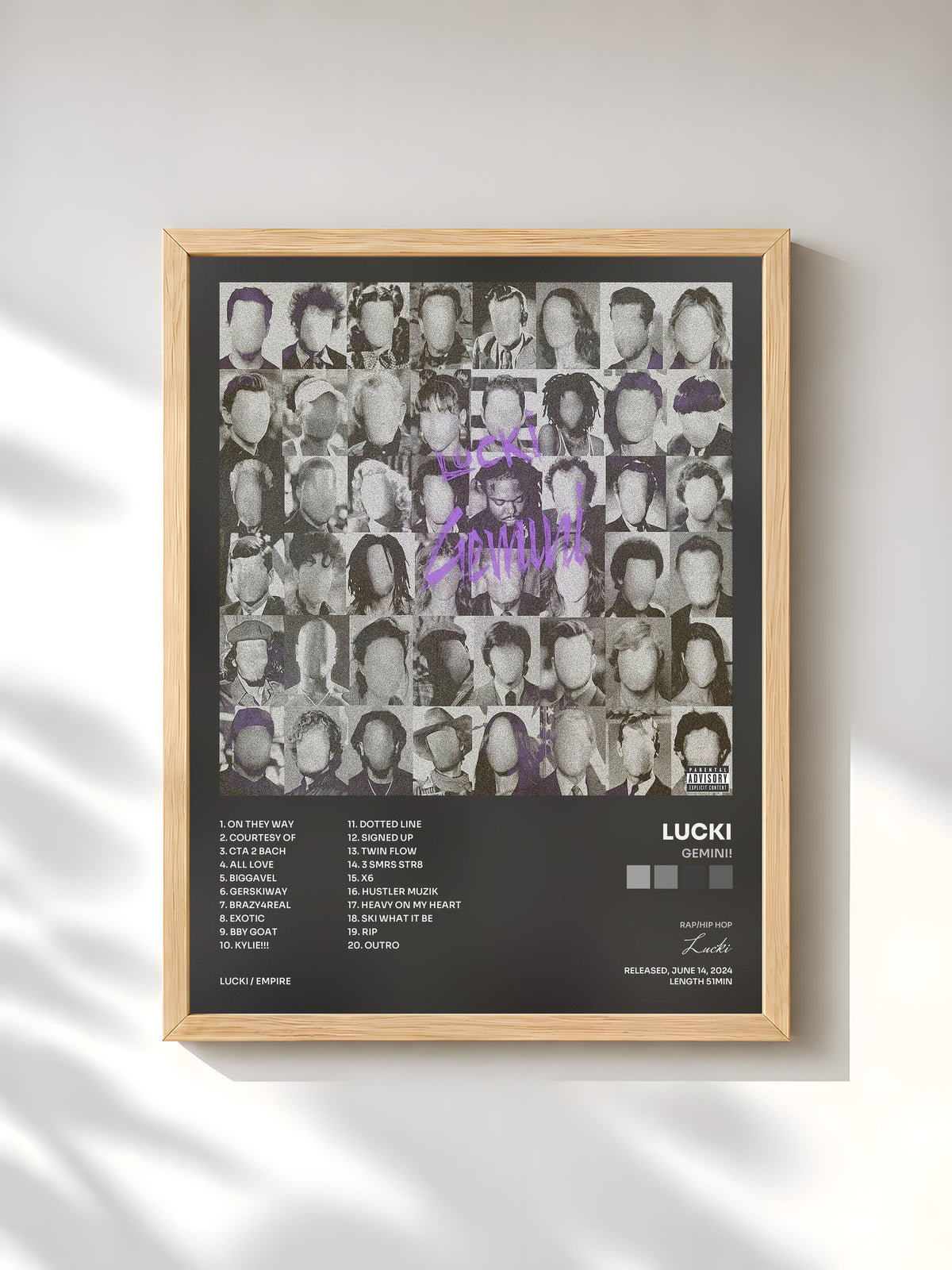 #bois Tableau de l'album GEMINI! de Lucki, cadre en bois brut, imprimé et encadré en France