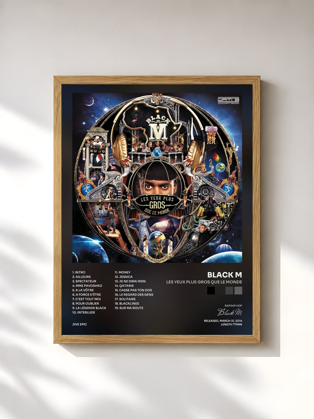 #bois Tableau de l'album Les yeux plus gros que le monde de Black M, cadre en bois brut, imprimé et encadré en France